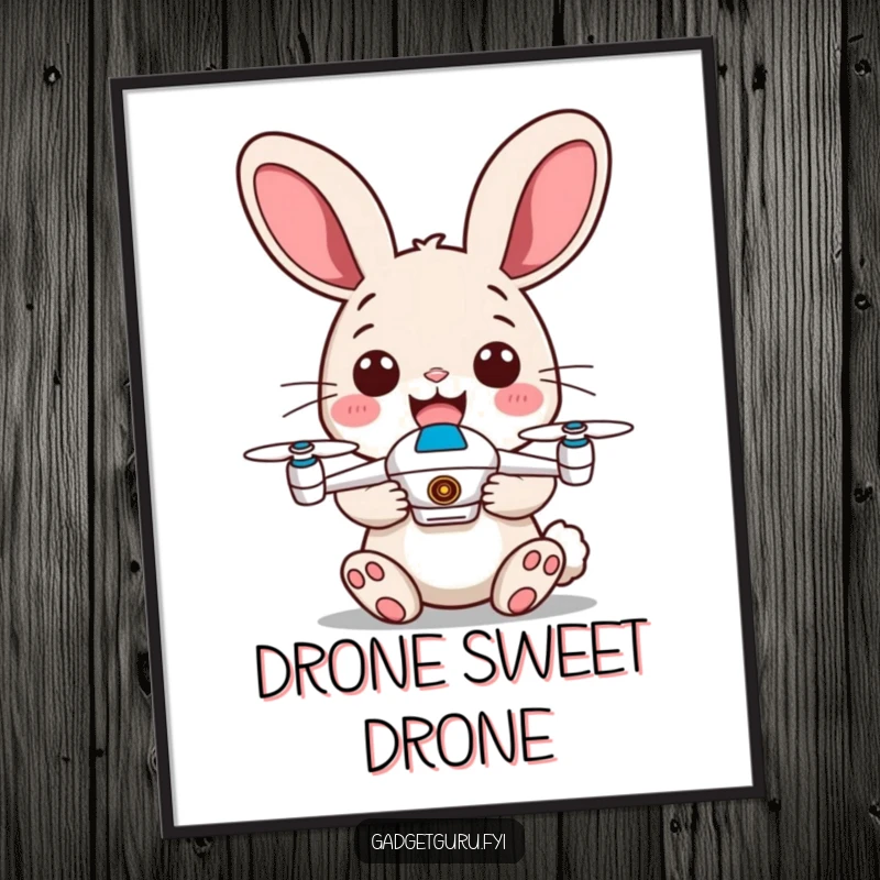 Funny free printable wall art: a happy rabbit with energetic ears excitedly holds a tiny drone, showcasing a playful personality.