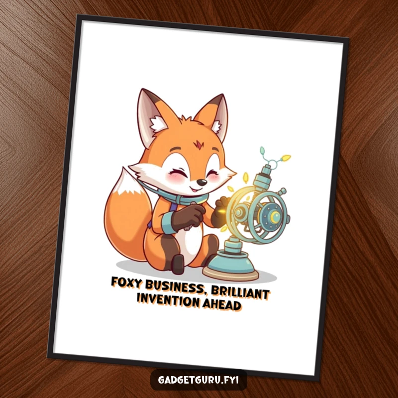 Funny free printable wall art of a clever fox excitedly tinkering with a complex, glowing contraption, bringing humor to decor.