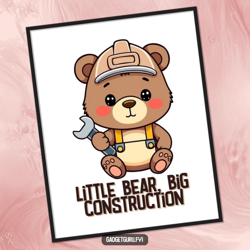 Funny Free Printable Wall Art: Cute bear cub wearing a hard hat, confidently holding a wrench, ready for construction.