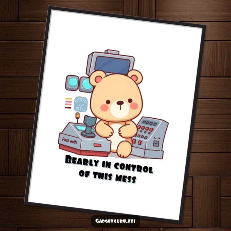 Funny Free Printable Wall Art: Small bear character intensely focused on operating a complex, blinking control panel, adding humor to decor.