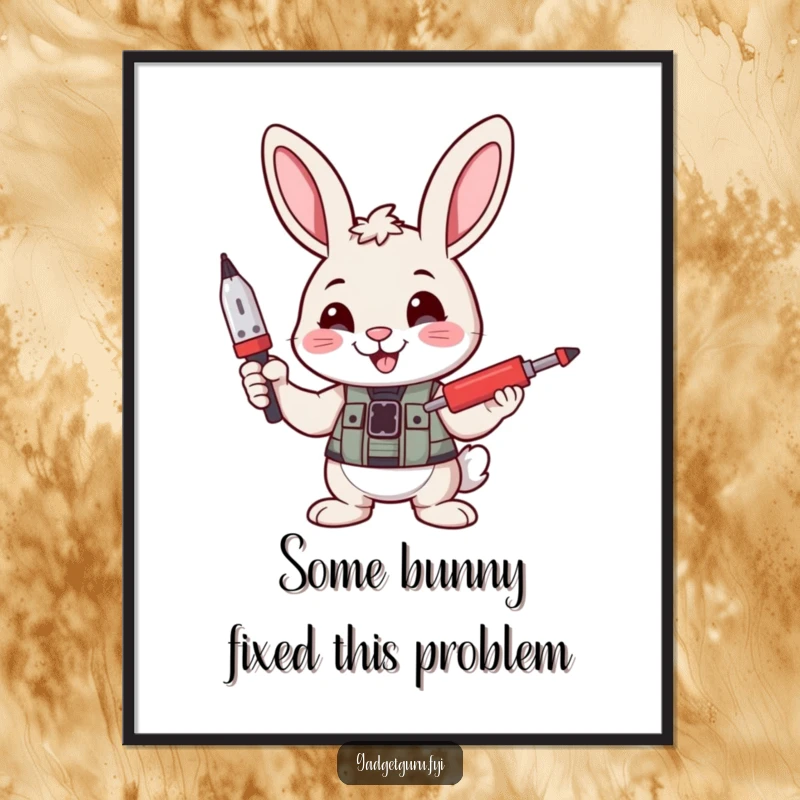 Funny free printable wall art of a confident bunny holding a tiny screwdriver, radiating DIY charm and humor.