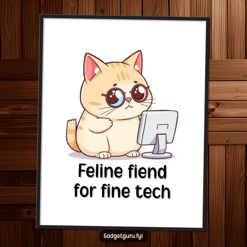 Funny Free Printable Wall Art: Chubby cat wearing a monocle, intently scrutinizing a tiny computer screen with a critical gaze.