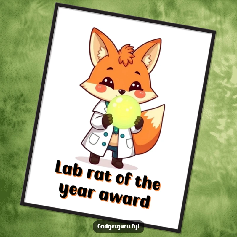 Funny Free Printable Wall Art: Cheerful fox scientist in lab coat proudly displays a glowing orb, radiating smart humor.