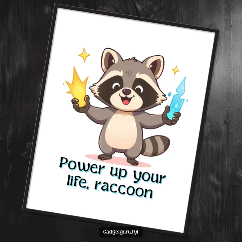 Funny Free Printable Raccoon Wall Art: Happy raccoon juggling three glowing power sources, lively, humorous downloadable decor.