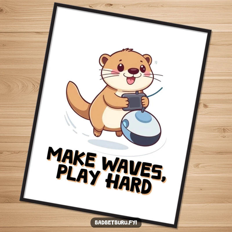 Funny Free Printable Wall Art: Playful otter character zooming fast with a remote-controlled toy, energetic decor.