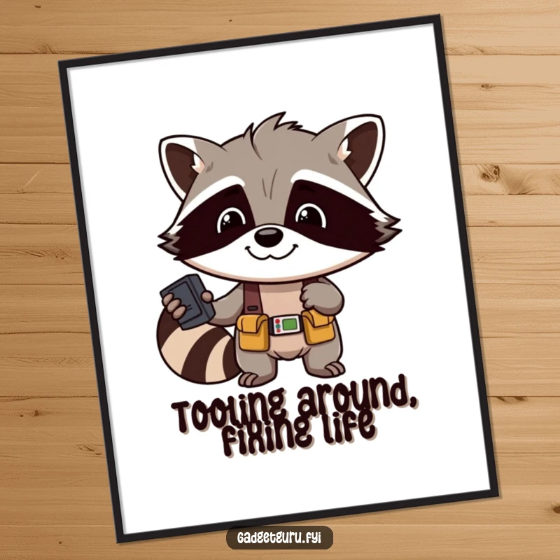 Funny Free Printable Wall Art: Adorable raccoon wearing a tool belt, engrossed in fixing a small electronic device.