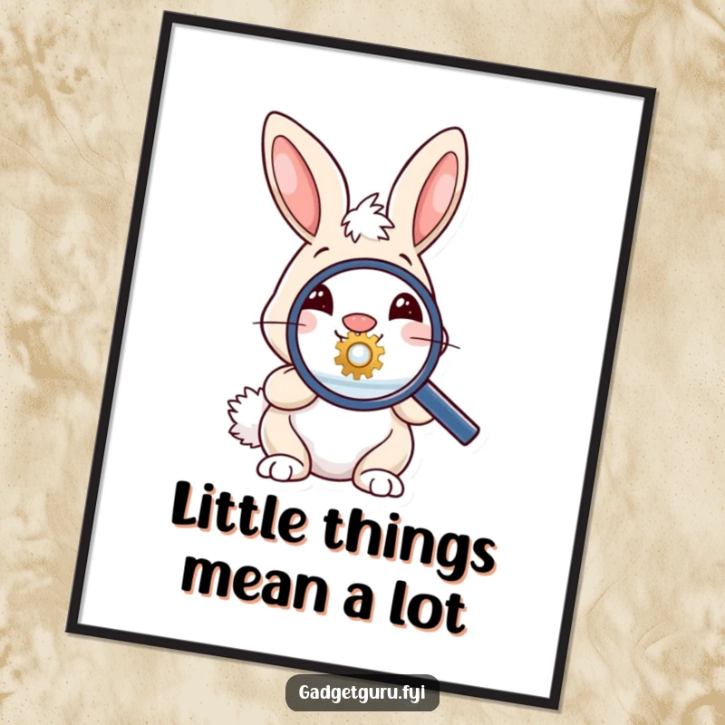 Funny Free Printable Wall Art: Cheerful bunny peering through a magnifying glass at a minuscule gear, full of curiosity.