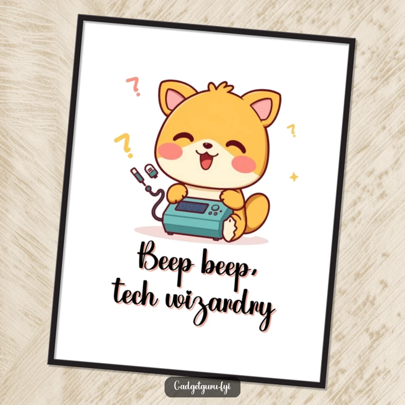 Funny Free Printable Wall Art: A happy animal character merrily beeps while engrossed in programming a small, intricate device.