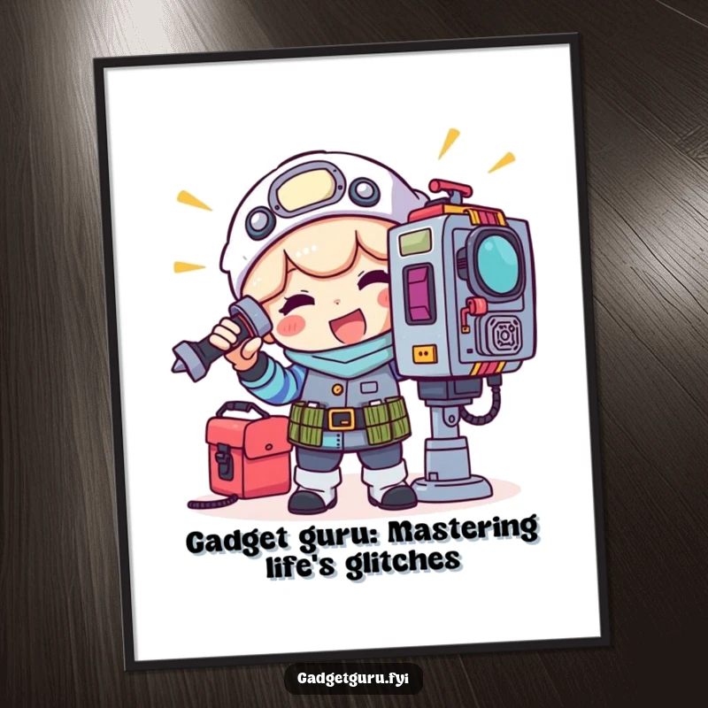 Funny Free Printable Wall Art: Character with toolkit happily adjusts a blinking light on a complex gadget, quirky DIY decor.