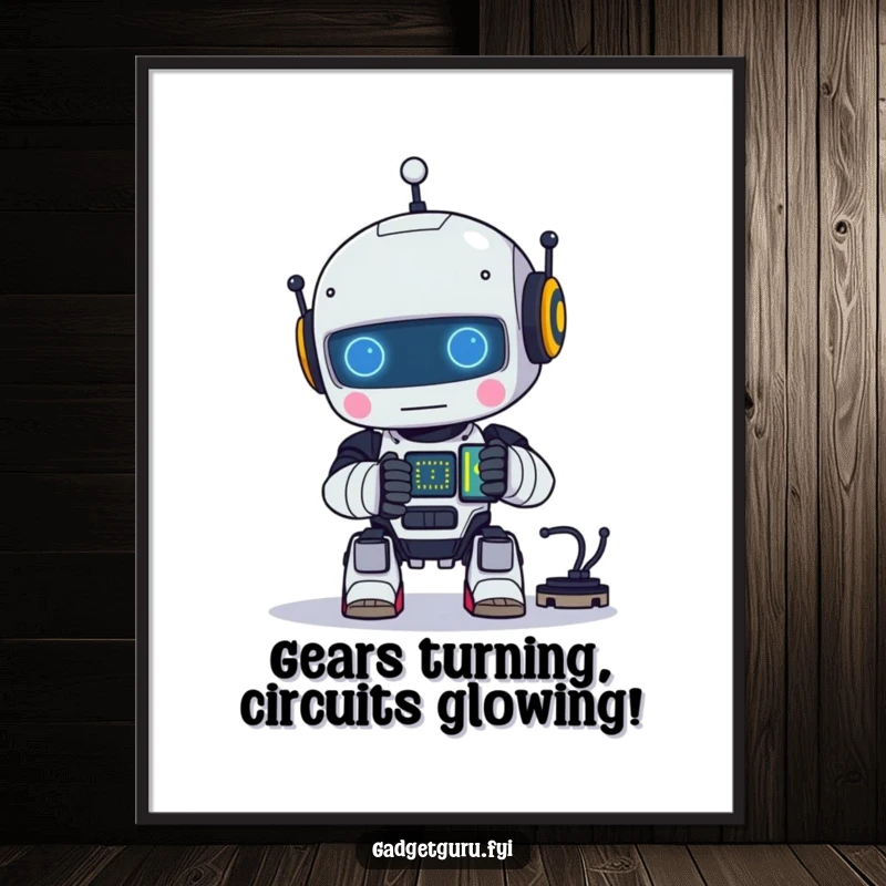Funny Free Printable Wall Art: A small robot character happily and precisely assembling a tiny, brightly glowing electronic circuit.