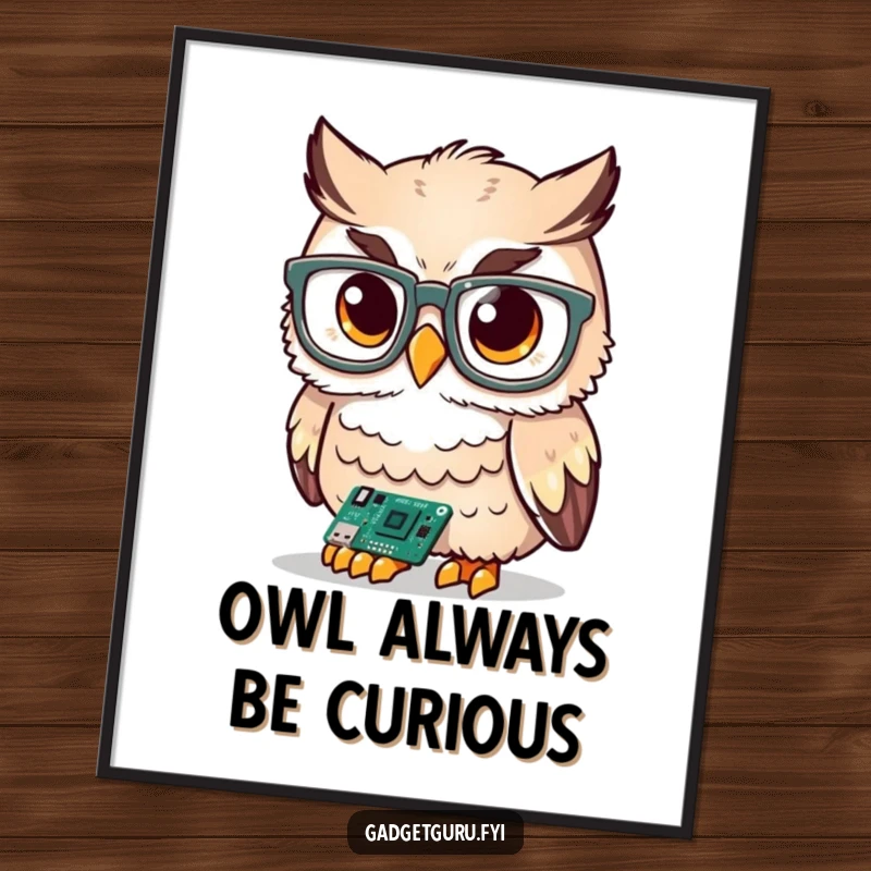 Funny free printable wall art of a cute owl wearing oversized glasses, meticulously examining a tiny circuit board with a look of intense focus.