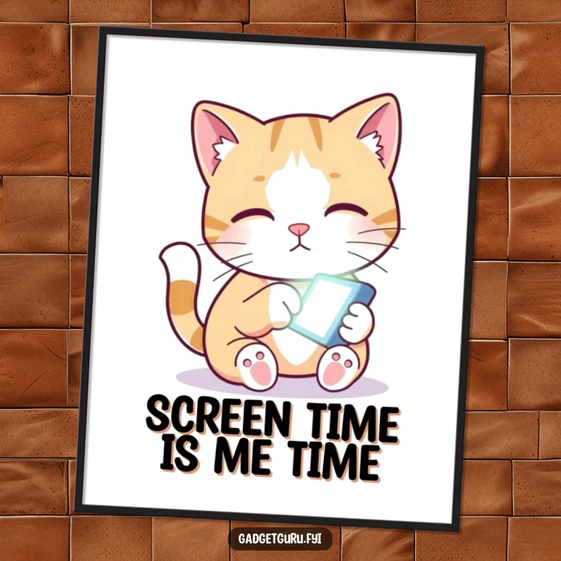 Funny free printable wall art: a curious cat character pawing intently at a tiny, glowing screen, highlighting digital addiction humorously.
