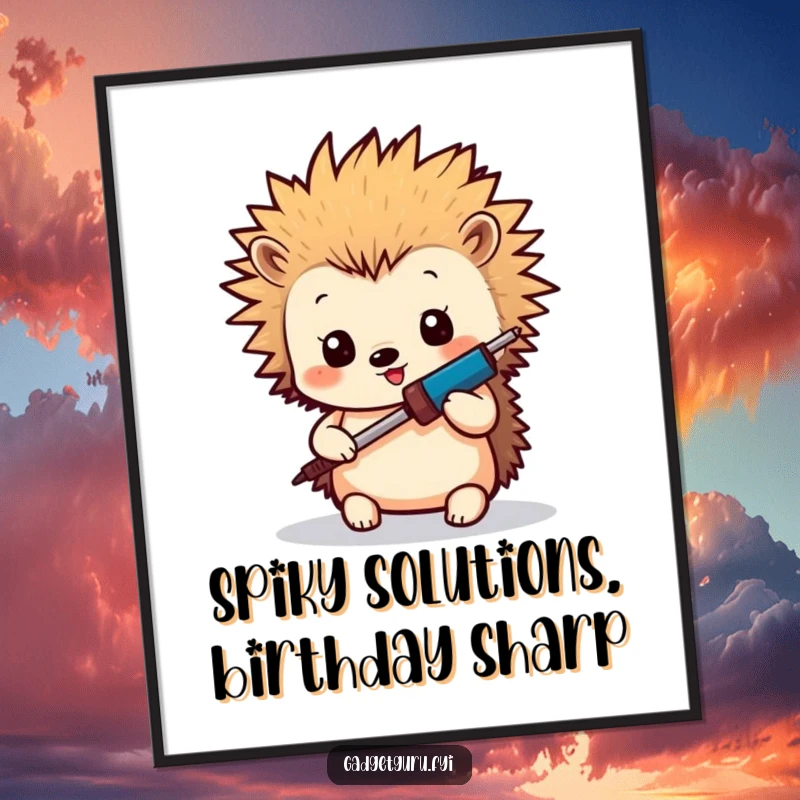 Funny Free Printable Wall Art: A tiny hedgehog with spiky hair skillfully using a miniature soldering iron.