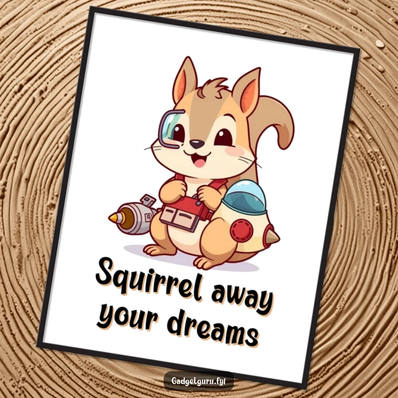 Funny Free Printable Wall Art: A playful squirrel with a tool belt, intently tinkering with a small, charming spaceship, ready for takeoff.