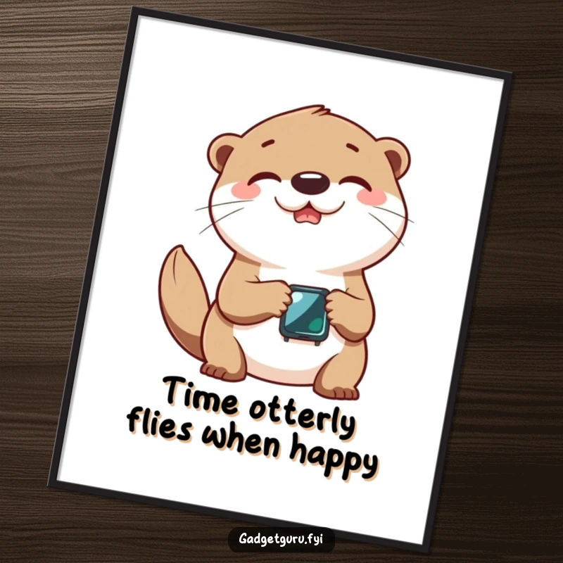 Funny free printable wall art: a cheerful otter character joyfully plays with a tiny smartwatch, radiating happiness.