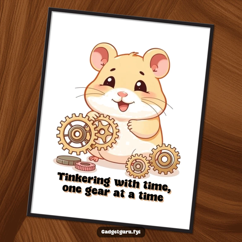Funny Free Printable Wall Art: A happy hamster character enthusiastically tinkering with miniature, complex gears.