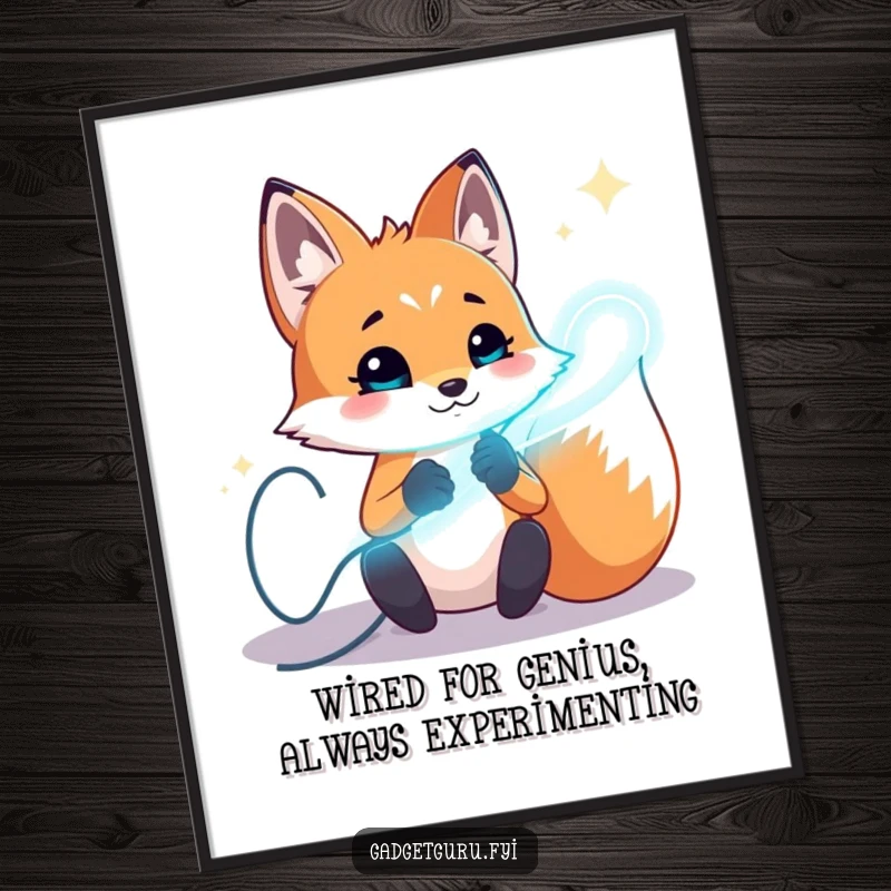 Funny Free Printable Wall Art: A playful fox character eagerly experimenting with bright, glowing, sparking wires.