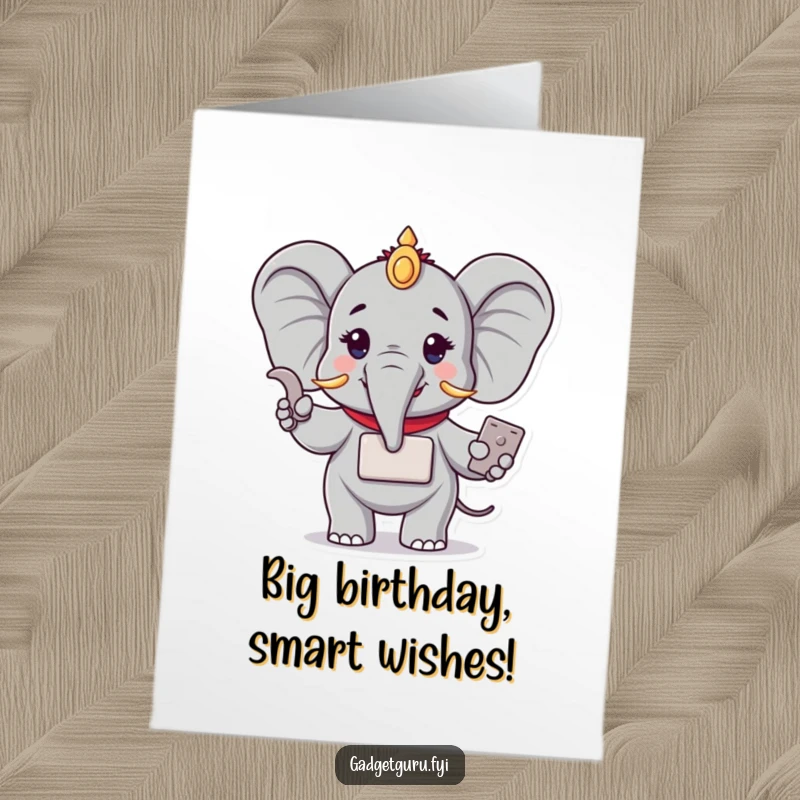 Funny free printable birthday card: A wise elephant demonstrates a small, new electronic device with a knowing, gentle expression.