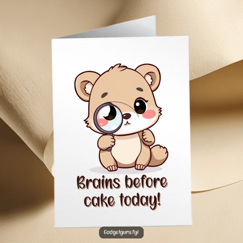 Funny Free Printable Birthday Card: Thoughtful animal with magnifying glass studies a complex diagram, ready for a birthday puzzle.