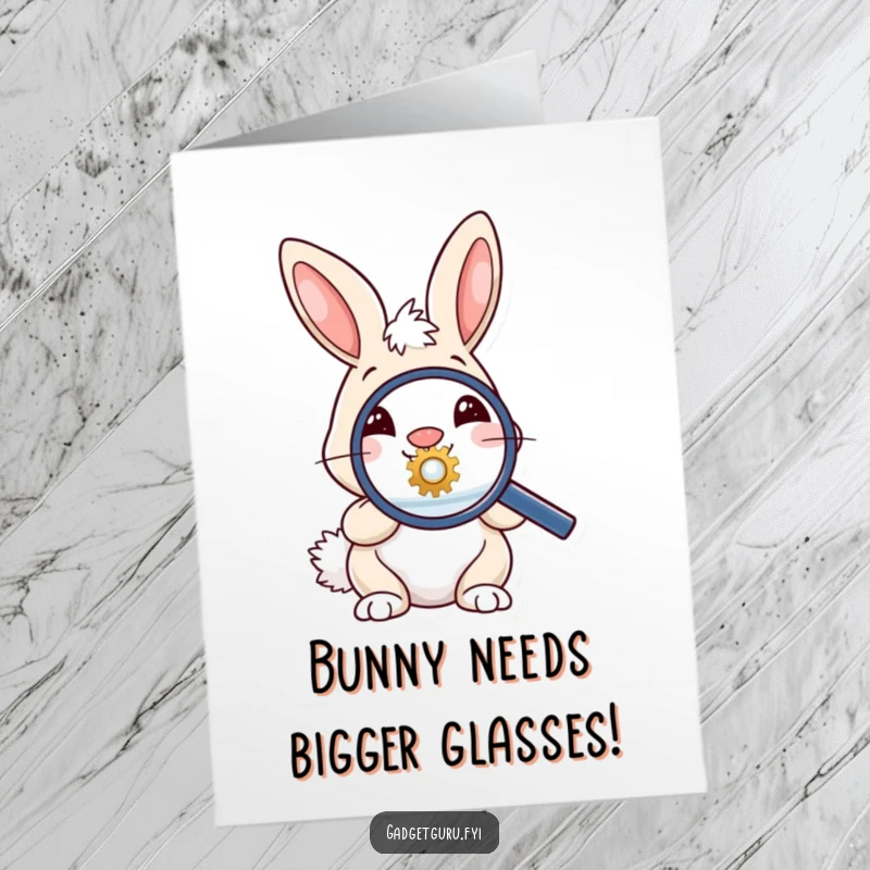 Funny Free Printable Birthday Card: Curious bunny with magnifying glass examining a tiny gear, bringing smiles.