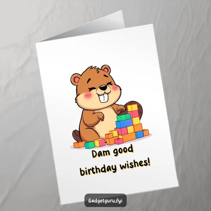 Funny Free Printable Birthday Card: Giggling beaver joyfully builds with glowing blocks, spreading birthday cheer. A hilarious downloadable card.