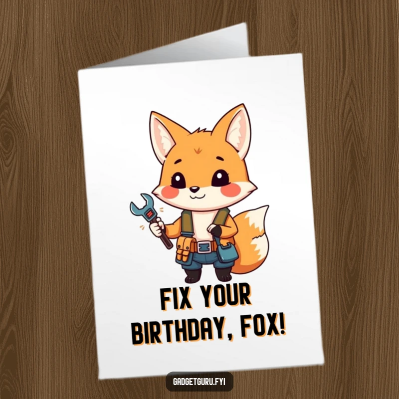 Funny free printable birthday card: a small fox in a tool belt holds a miniature wrench, ready to fix birthday fun.