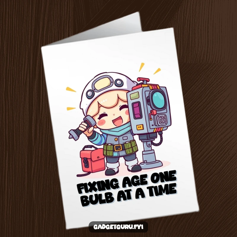 Funny Free Printable Birthday Card: Happy character with toolkit fixing a blinking light on a complex gadget, a DIY gift.
