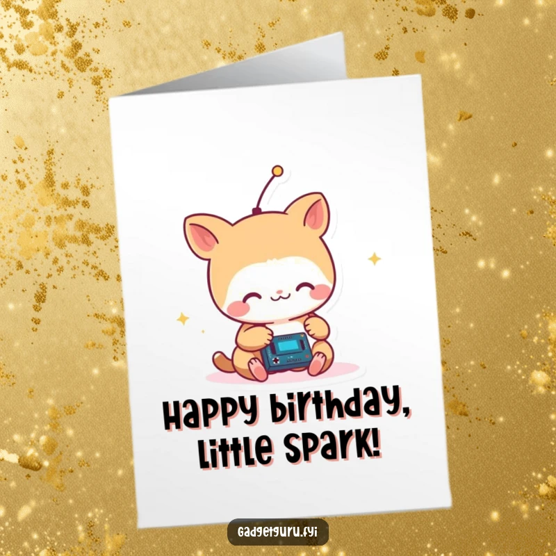 Funny Free Printable Birthday Card: Small animal with antenna joyfully tinkers with a tiny circuit, celebrating a birthday with techy fun.