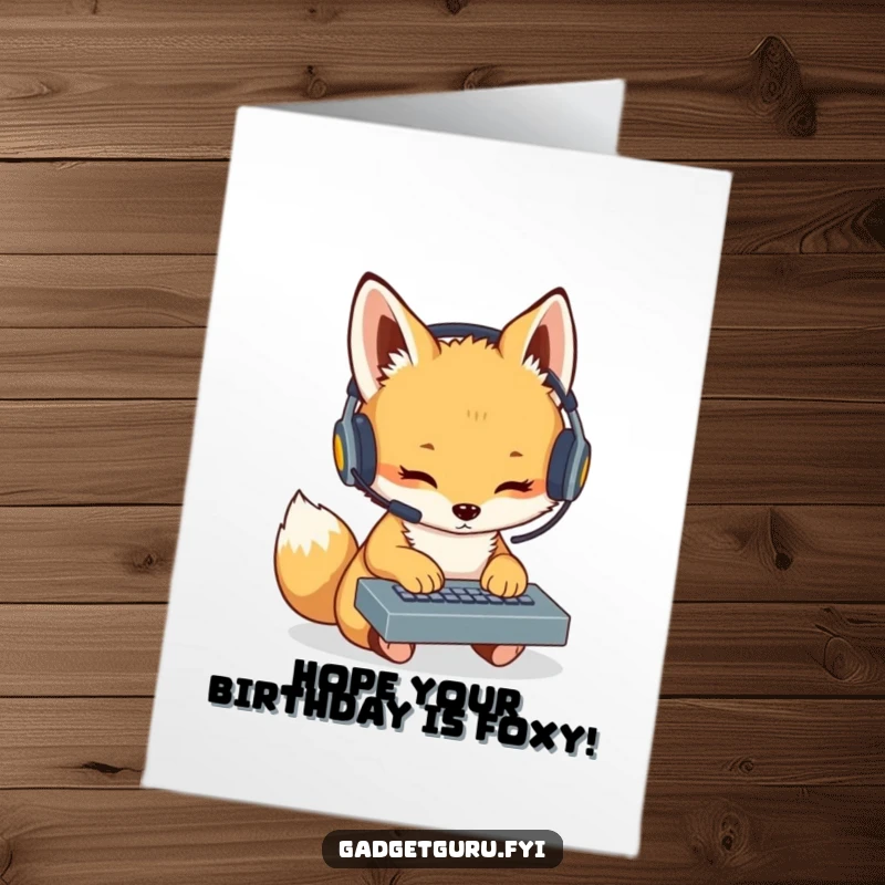Funny Free Printable Birthday Card: Cute fox cub wearing a headset, intensely typing on a tiny keyboard, ready to send birthday wishes.