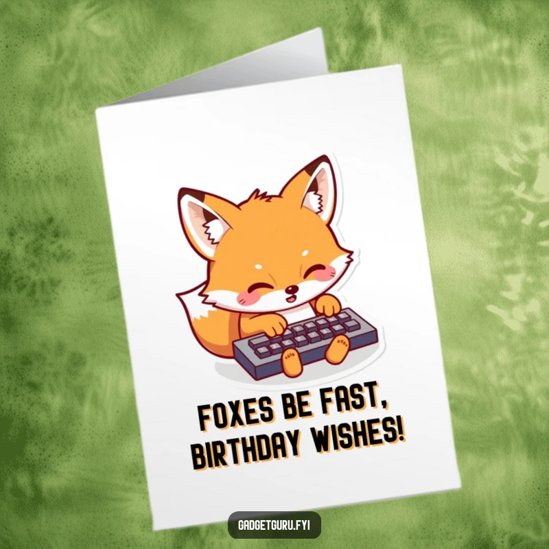 Funny Free Printable Birthday Card: Kawaii fox typing furiously on a tiny keyboard, spreading birthday cheer.