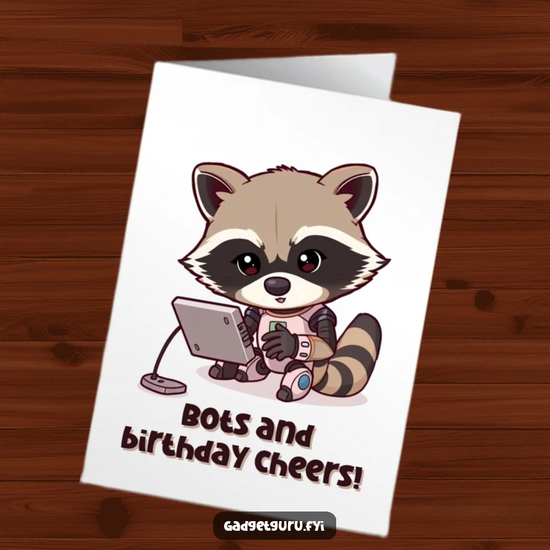 Funny free printable birthday card: A focused raccoon character wires a tiny robot, celebrating your special day with ingenuity.