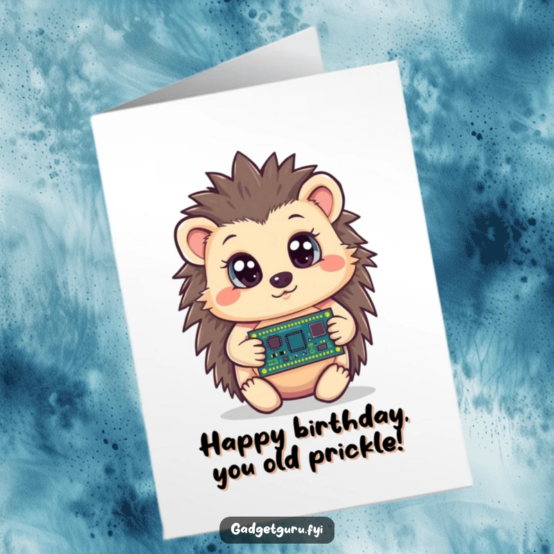 Funny Free Printable Birthday Card: Curious hedgehog wide-eyed holding a tiny circuit board, perfect DIY gift for techies.