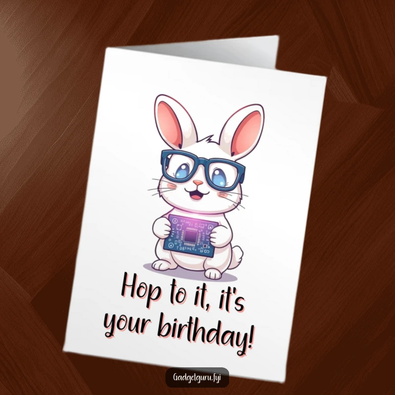 Funny Free Printable Birthday Card: Small rabbit with glasses excitedly holding a glowing circuit board, ready to invent birthday fun.