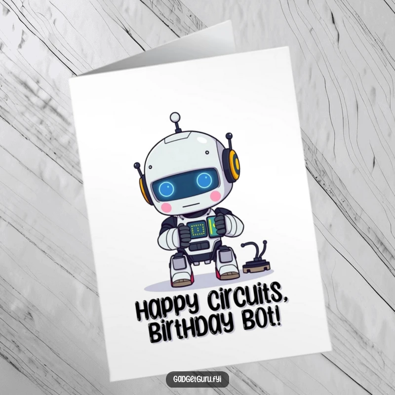Funny Free Printable Birthday Card: A small, cute robot character happily concentrating on assembling a tiny, brightly glowing electronic circuit.