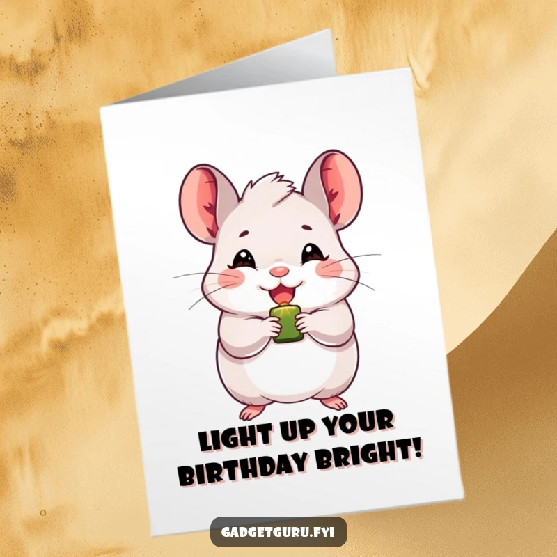 Funny Free Printable Birthday Card: Cheerful chinchilla beaming and holding a tiny blinking light, spreading birthday joy.