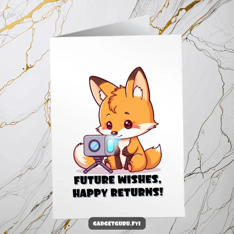 Funny Free Printable Birthday Card: Curious fox in spectacles peers at a tiny glowing hologram projector, ready for a techy celebration.