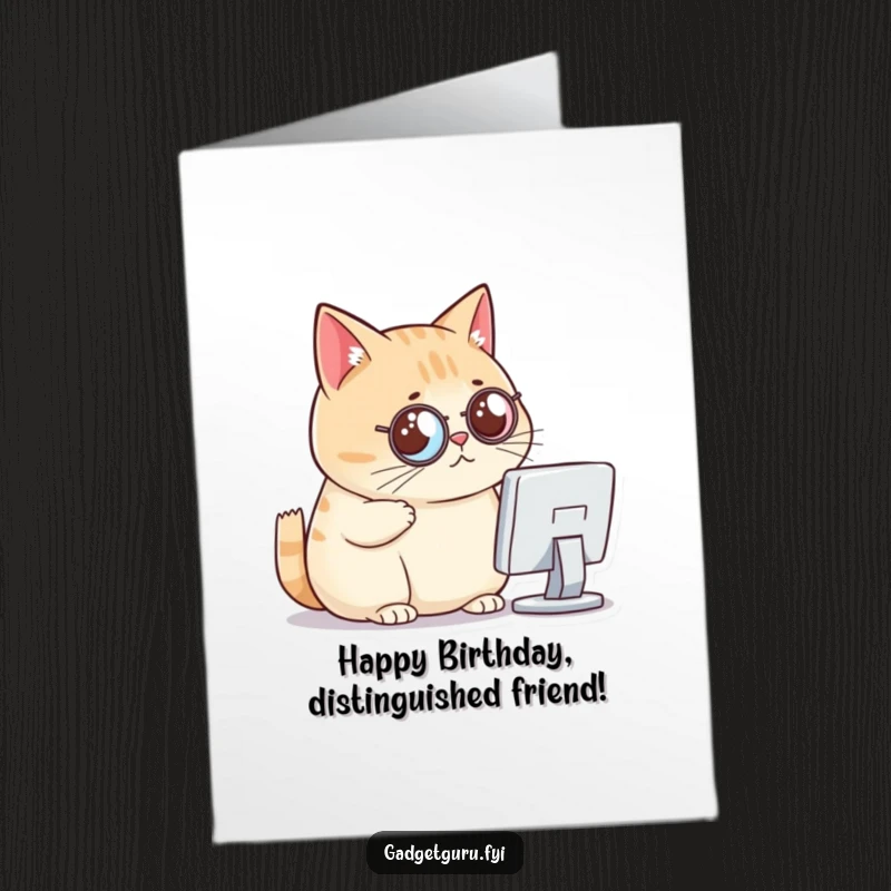 Funny Free Printable Birthday Card: Chubby cat with a monocle, looking critically at a tiny computer screen, judging the birthday.