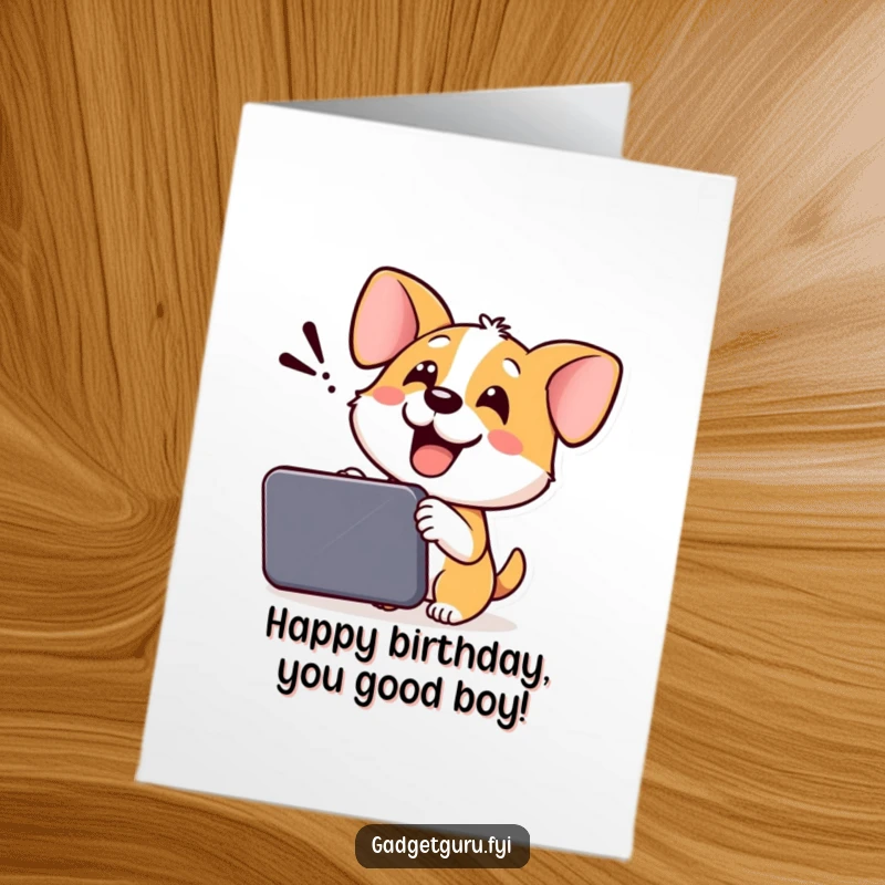 Funny Free Printable Dog Birthday Card: Cheerful dog showing off a new gadget, a wagging, downloadable greeting.