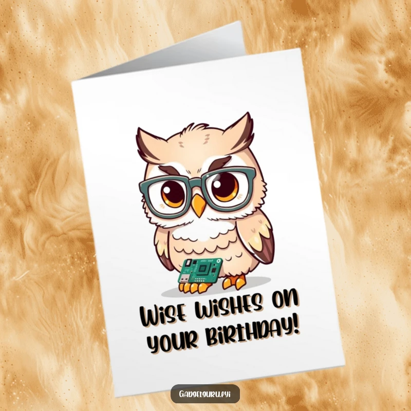 Funny free printable birthday card featuring a cute owl in oversized glasses intently examining a tiny circuit board, symbolizing smarts and celebration.