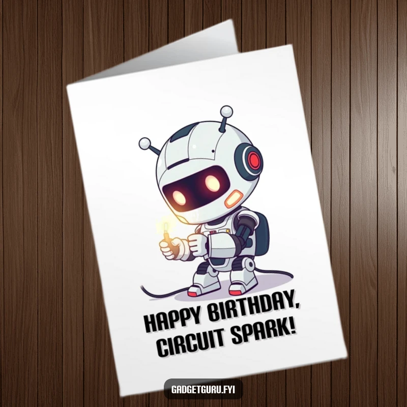 Funny Free Printable Birthday Card of a cute robot excitedly fixing a glowing wire, sparking joy for their special day.