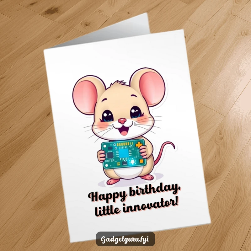 Funny Free Printable Birthday Card: A delighted mouse holds a tiny, blinking circuit board, celebrating a tech-inspired birthday.