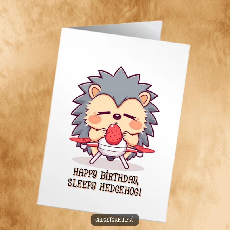 Funny Free Printable Hedgehog Birthday Card: Sleepy hedgehog with a drone delivering a berry, a charming downloadable greeting.