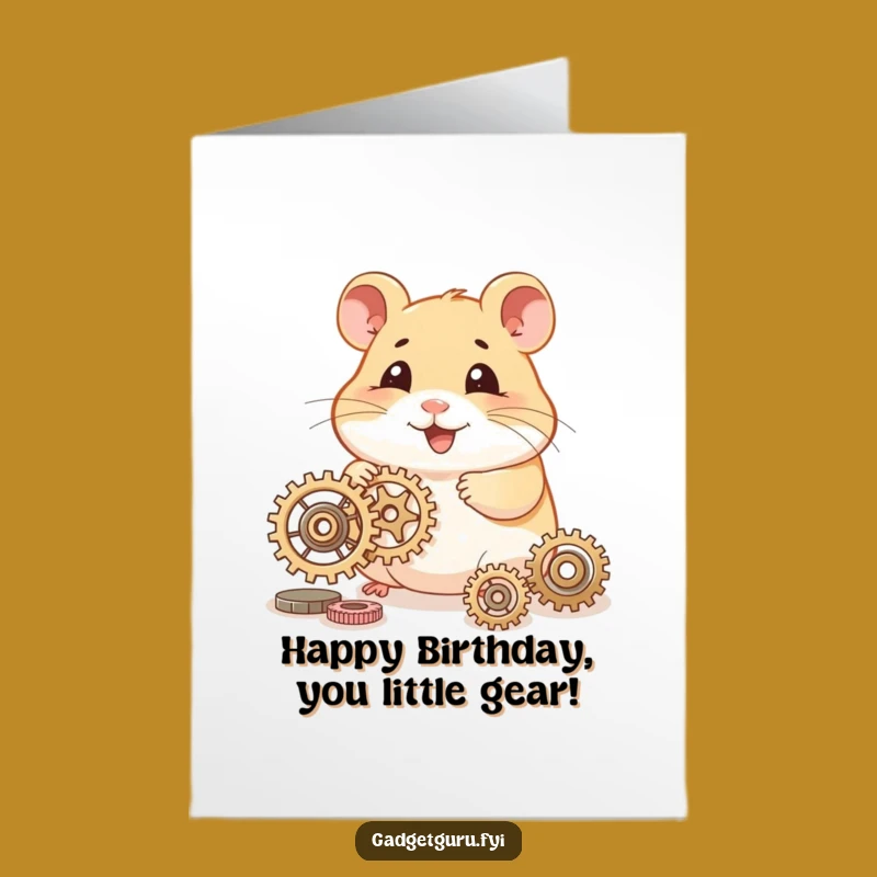 Free Printable Birthday Card: Hamster Tinkering Gears Funny Downloadable Gift