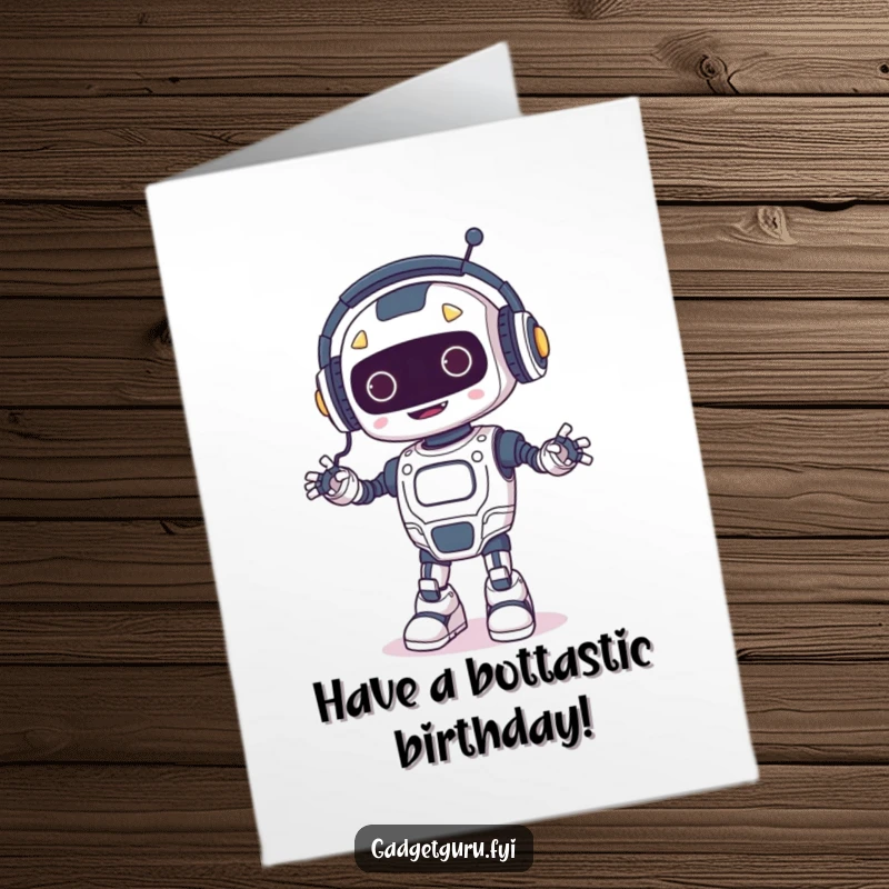 Funny Free Printable Birthday Card: A happy robot with headphones, dancing energetically amidst glowing wires, celebrating a birthday.