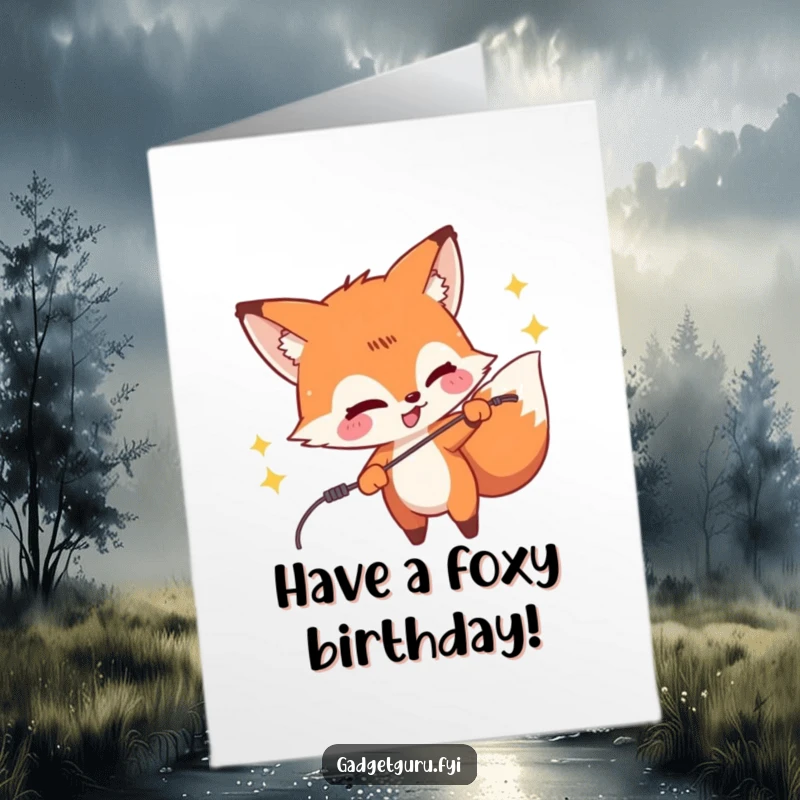Funny Free Printable Birthday Card: A mischievous fox playfully zaps a wire, creating a spark of surprise.