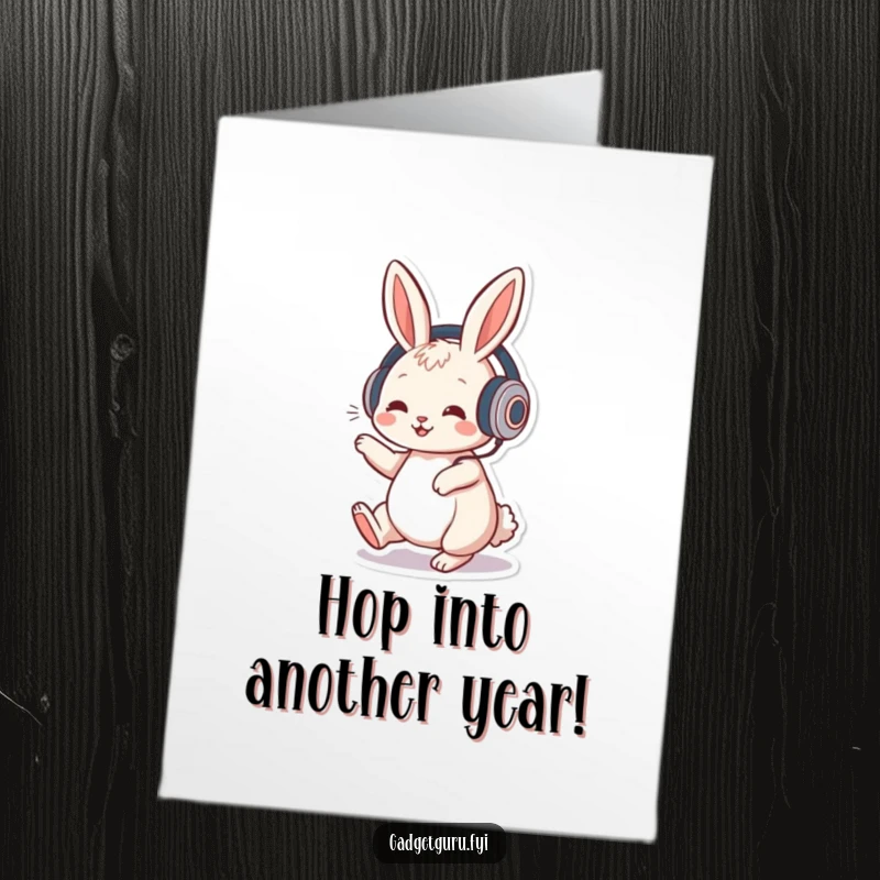 Funny Free Printable Birthday Card: Playful rabbit wearing headphones taps foot to music, ready to party. A cool downloadable card.