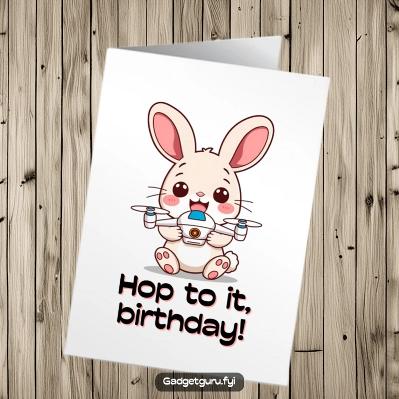 Funny free printable birthday card featuring a happy rabbit with energetic ears holding a tiny drone, ready to deliver birthday cheer.