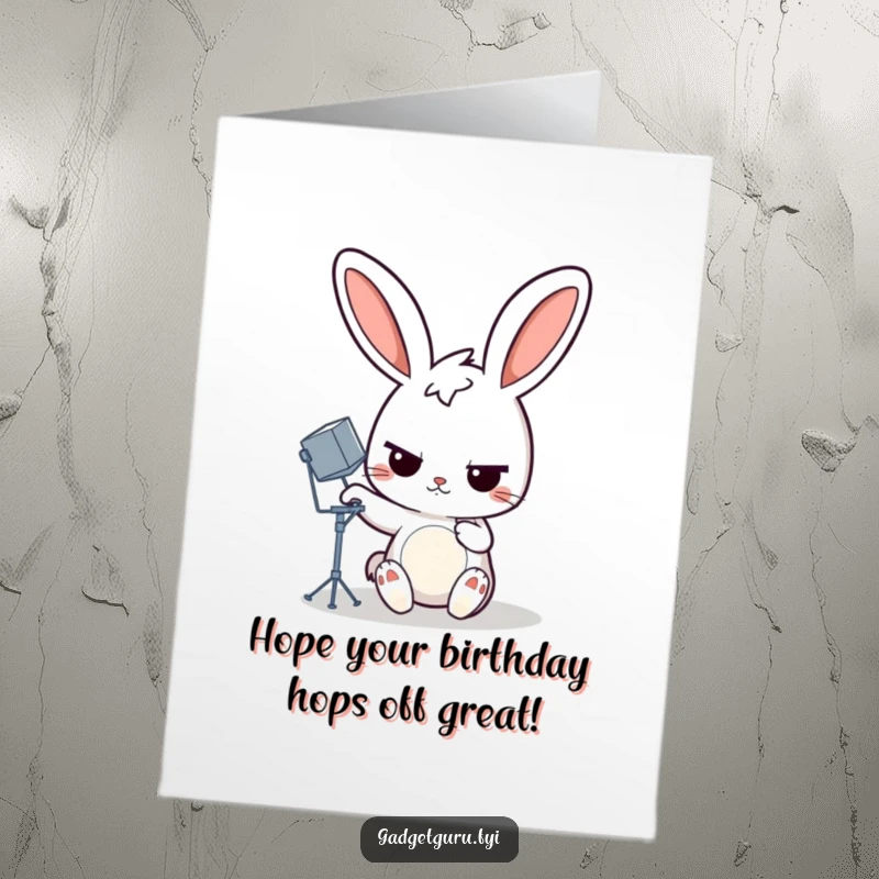 Funny Free Printable Birthday Card: Determined rabbit adjusting a miniature satellite dish, perfect DIY gift for space enthusiasts.