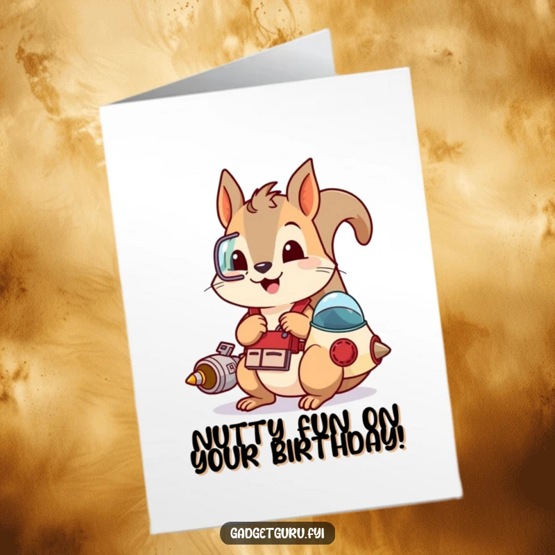 Funny Free Printable Birthday Card: A squirrel with a tool belt, busy fixing a small spaceship, ready for birthday adventures.