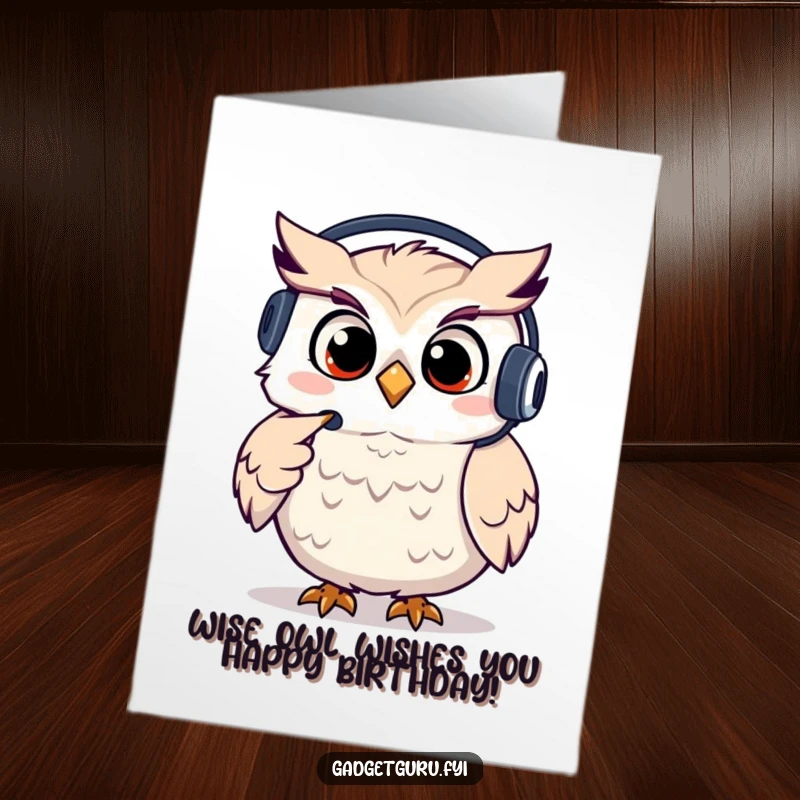Funny Free Printable Birthday Card: Giggling owl character wearing a tiny headset, pointing with a humorous expression.